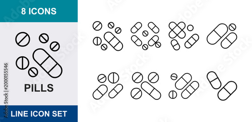 Pills linear icons, medication capsules, tablets, drugs, pharmacy, healthcare, medical treatment, UI web interface design