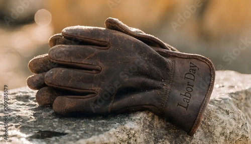 Worn leather gloves on rock, Labor Day symbol