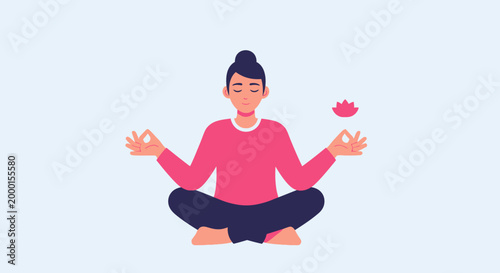 A serene woman finds inner peace through mindful meditation, practicing relaxation and balance in a calm yoga pose, fostering spiritual wellness and stress relief