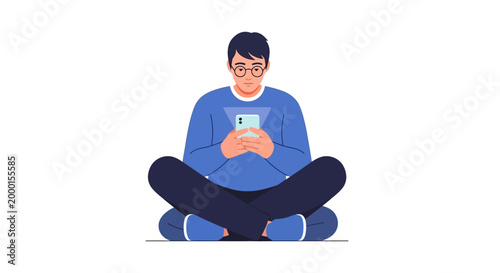 A young individual engrossed in digital connectivity, comfortably seated while interacting with a mobile device, illustrating modern communication and online engagement concepts
