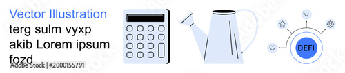 Budgeting, agriculture, blockchain, technology, decentralized systems, financial management. Calculator, watering can and Defi node system conceptually displayed. Budgeting and blockchain connection