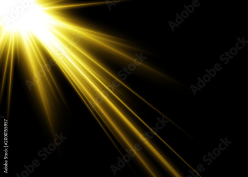 Dramatic golden light effect sunburst flare and radiant light streaks for visuals