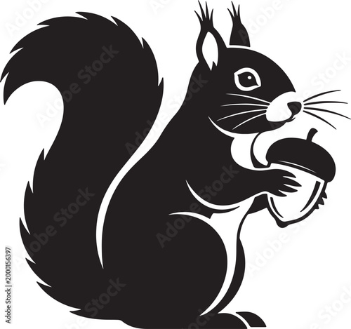 Black and white silhouette of a squirrel holding an acorn also transparent background, animal wildlife