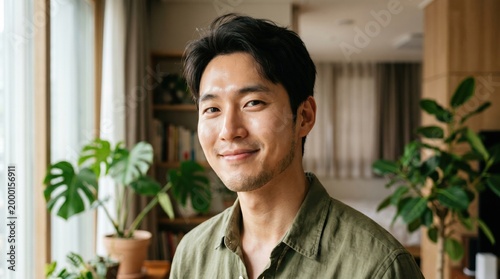 Smiling east asian man looking confidently at the camera with indoor plant young adult one person portrait confident