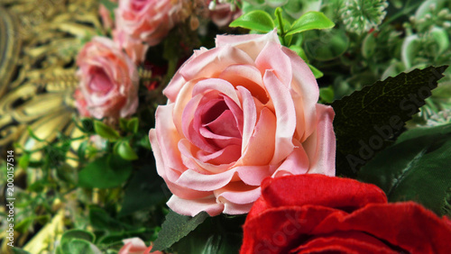 Closeup of artificial flowers decorated on the stage of a ceremonial function