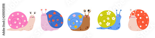 Cute snail clipart set with colorful shells. Hand drawn doodle illustration for kids room decor, stickers, nursery posters, baby shower stationery and summer covers. Flat vector