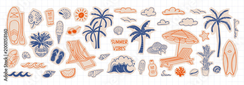 Summer sticker set with sea elements. Collage mediterranean decor with whimsical hand drawn illustration on torn paper with cut out edges. Vector for scrapbooking and travel design.