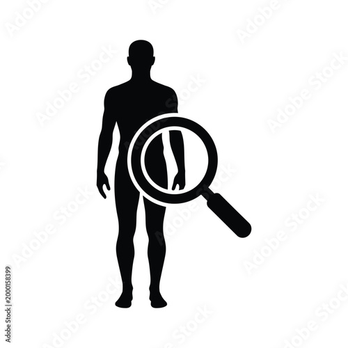Human body search icon with magnifying glass over silhouette of man for medical diagnostic and physical exam health checkup symbol isolated on white background for web and mobile application design.