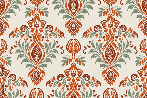 Seamless Ikat Damask Pattern with Terracotta and Green Floral Medallions on Cream Background, Ethnic Tribal Textile Design for Boho Wallpaper, Fabric Home Decor, Upholstery, and Fashion