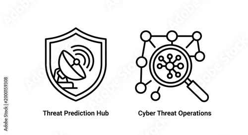 Threat prediction hub and cyber threat operations icons for cybersecurity