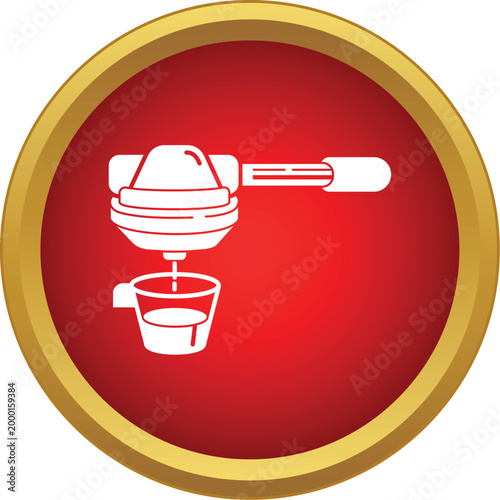 White espresso portafilter brewing drink into a small cup in a red circle