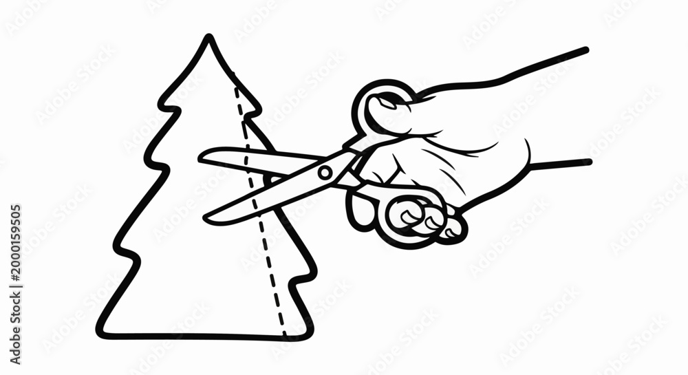 Fototapeta premium A hand uses scissors to cut out a tree shape along a dotted line