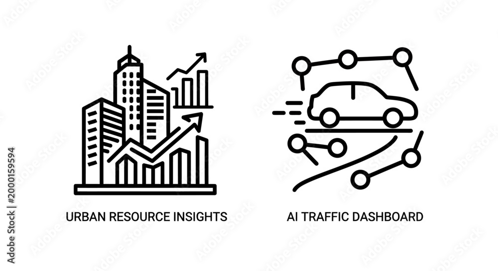 Obraz premium Urban resource insights and AI traffic management dashboard icons with resource
