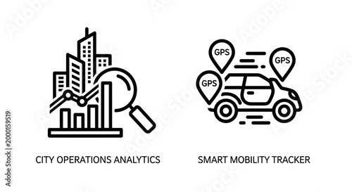 Smart city operations analytics and mobility tracking icon set with analytics