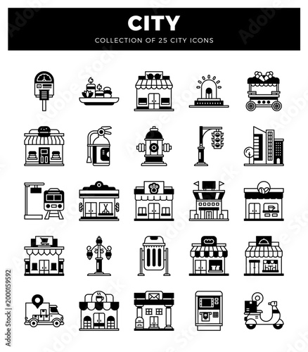 black and white city icons. including buildings. vehicles. and street furniture. on a white background.
