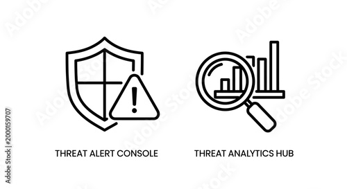 Cybersecurity threat alert console and analytics hub icon set with security