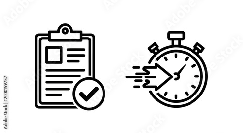 Clipboard checklist approval and fast stopwatch timer management icons