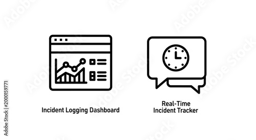 Incident logging dashboard and real-time incident tracker icons with incident