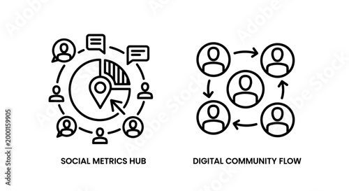 Digital social metrics hub and community flow networking icons with community
