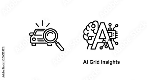 Artificial intelligence grid insights and car diagnostic analysis icons