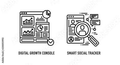 Digital growth console and smart social tracker interface icons with dashboard
