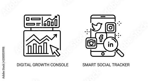 Digital growth console and smart social media tracker line icons with analytics