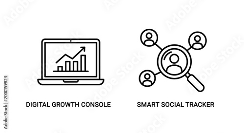 Digital business growth console and smart social network tracker icons