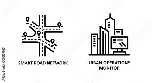 Smart road network and urban operations monitor line icon set with operations