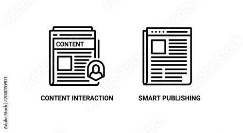 Content interaction and smart publishing line icon set with interaction