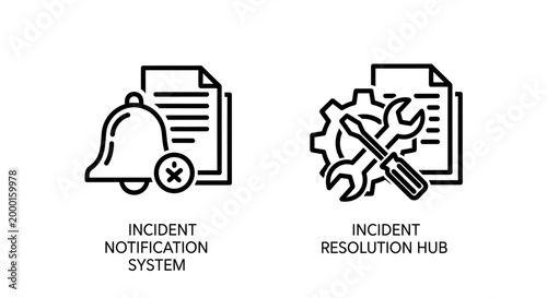 Incident notification system and technical resolution hub icons with incident