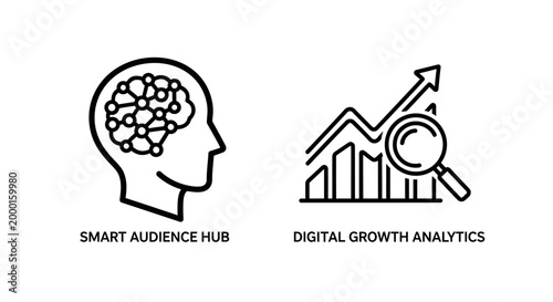 Smart audience hub and digital growth analytics line icon set with audience