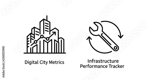 Digital city metrics and infrastructure performance tracker icons with analysis