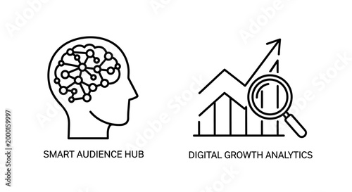 Smart audience hub and digital growth analytics line icons with audience