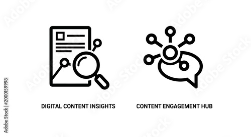 Digital content insights and engagement hub icon set with engagement, insights