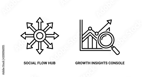 Social flow hub and growth insights console data icons with insights, analytics