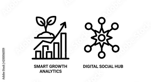 Smart growth analytics and digital social hub icons with analytics, business