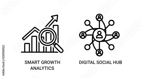 Smart growth analytics and digital social hub network icons with analytics
