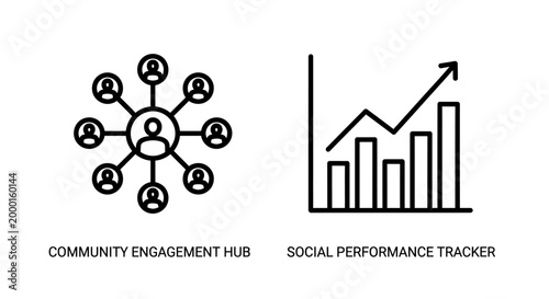 Community engagement hub and social performance tracker icons with community