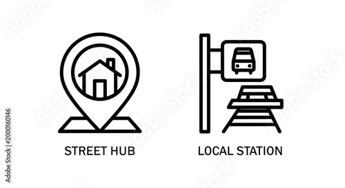 Street hub and local station public infrastructure icons with transport