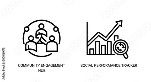 Community engagement hub and social performance tracker analytics icons