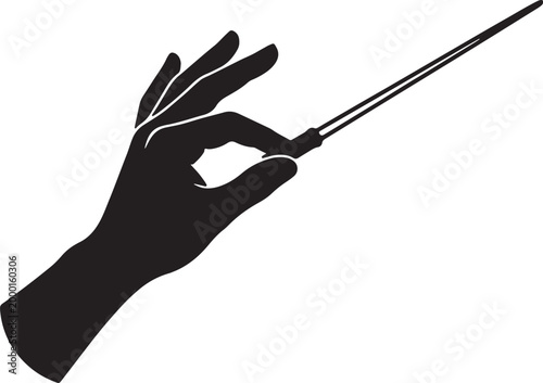 Silhouette of a hand holding a conductor's baton, ready to direct an orchestra also transparent background