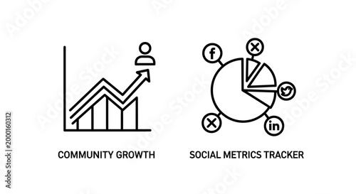 Community growth statistics and social media metrics tracker icons with business