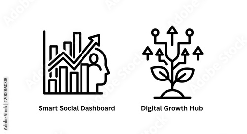 Social media performance dashboard and business growth icon set with dashboard