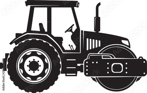 Silhouette of a heavy duty tractor with large wheels and steel roller attachment also transparent background