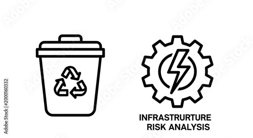 Recycling bin and infrastructure risk analysis icon set with recycling, analysis