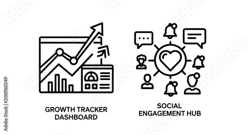 Growth tracker dashboard and social engagement hub outline icon set