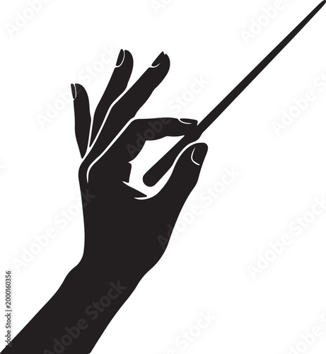 Silhouette of a hand holding a wand with extended fingers also transparent background, magic gesture