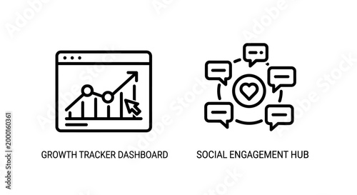 Growth tracker dashboard and social engagement hub vector icons with dashboard