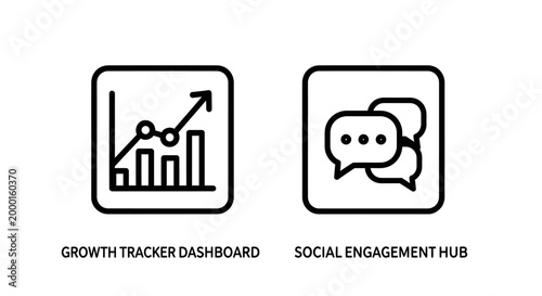 Growth tracker and social engagement hub square outline icons with dashboard