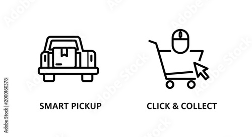 Smart pickup truck and online click and collect shopping icons with delivery